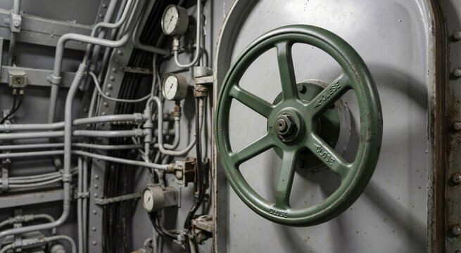 Submarine hatch wheel inside a metal compartment. Maritime equipment and ship operations