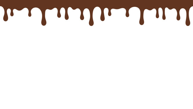 Melted chocolate or syrup drips isolated on a white background. Flowing liquid chocolate border element. A sweet brown syrup or sauce that melts and drips.