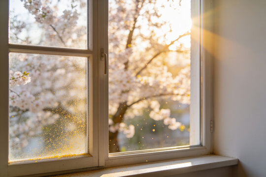 Yellow Pollen Dust on a Closed Window With Blooming Tree Outside, Hay Fever and Allergy Season Concept