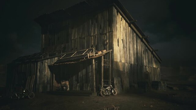 Abandoned wooden barn under stormy sky, dramatic lowangle closeup reveals cracked planks, broken wagon wheel, mudslick foreground, cinematic chiaroscuro