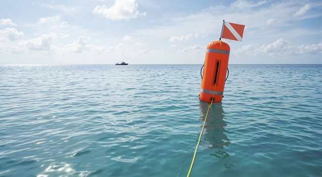 Surface marker buoy floating at sea for diver visibility. Underwater diving equipment and exploration