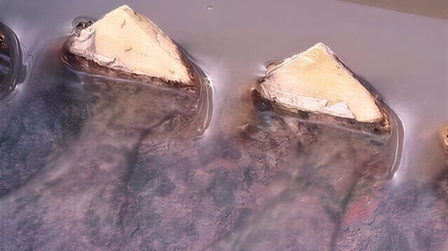 Close-up of two golden triangular pieces surrounded by bubbling liquid on a dark surface