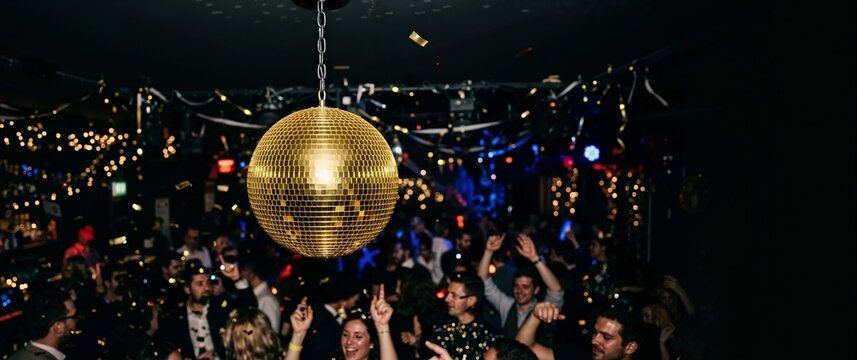 Gold disco ball reflecting light in a dark party room. New Year entertainment detail