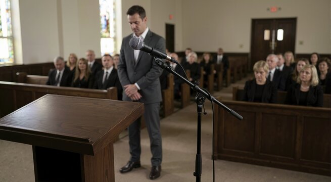 Microphone stand and lectern at a funeral service. Funeral remembrance and mourning