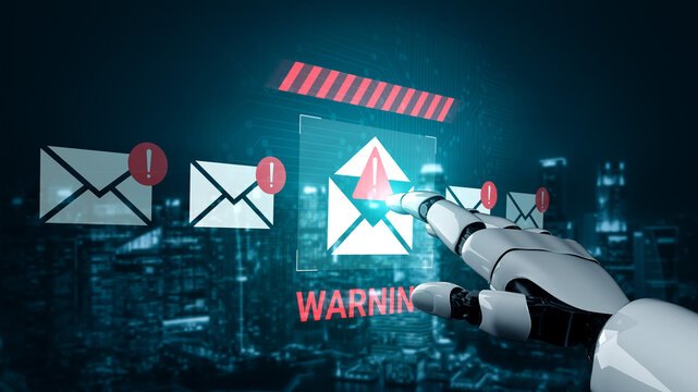 A robotic hand activates a warning notification associated with email alerts, set against a dark, futuristic cityscape, emphasizing the evolution of AI and cybersecurity. Gantry