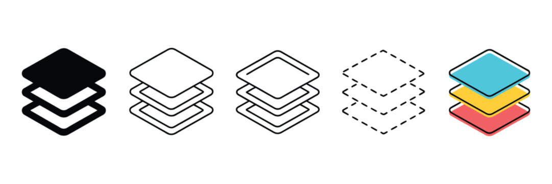 layer icon set with three stacked layers and depth symbols for architecture and design technology