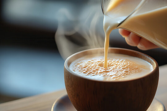 Pouring coconut milk into steaming hot coffee in wooden cup close-up.