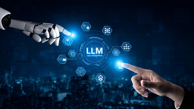 Large Language Model LLM processing data. Represents deep text learning, natural language processing NLP AI tech, transformer architecture, and generative AI deep learning future technology. Corpus