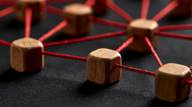 Wooden cubes connected together with red string on a dark background. Networking and communication concept for business presentation.