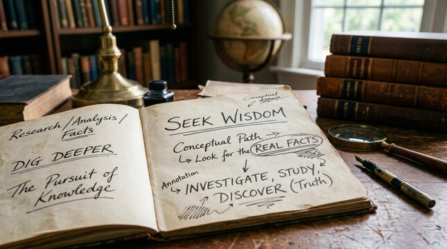 Open Vintage Book with Handwritten Notes Seek Wisdom Dig Deeper Pursue Knowledge Investigate Discover Truth