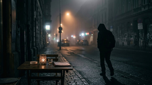 Mysterious hooded figure walking down a foggy dimly lit city street at night with a table and lantern in the foreground