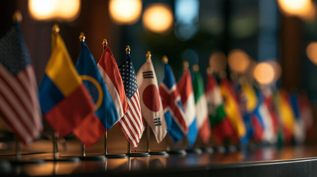 Row of small international flags standing on a sleek table with warm bokeh lighting. Global summit concept for international relations and diplomacy backgrounds.
