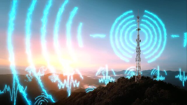 Cell tower broadcasting signal waves from a hilltop at sunset, wireless communication, 5G network technology, telecommunications infrastructure, mountain landscape, mobile connectivity, rural signal c