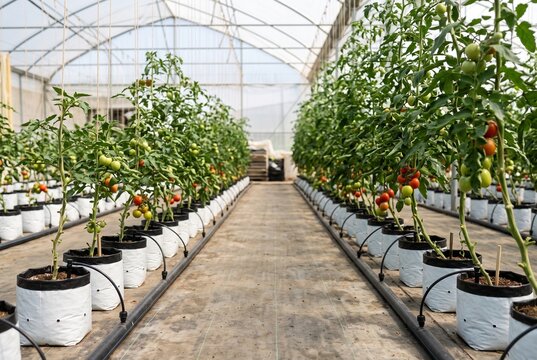 Drip irrigation feeding tomato plants in greenhouse grow bags