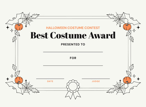 Halloween costume contest award certificate template, best costume diploma with bats