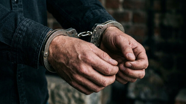 Mans Hands in Handcuffs Arrested Person Criminal Justice Concept