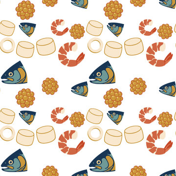 Seamless seafood pattern with fish, shrimp, and caviar