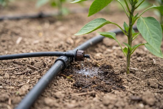 Drip irrigation emitter watering soil beside young pepper plant