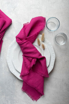 Fuchsia Pink Fringed Linen Napkin Place Setting Top View