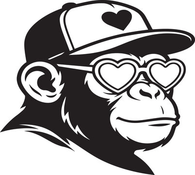 Cool Monkey Wearing Cap and Heart Sunglasses Black and White Vector Portrait.