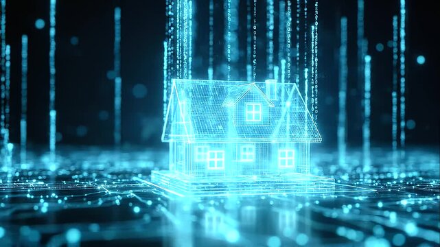 Futuristic digital house model on a glowing blue network grid, smart home technology, real estate data visualization, connected property systems, intelligent home automation, digital architecture, pro