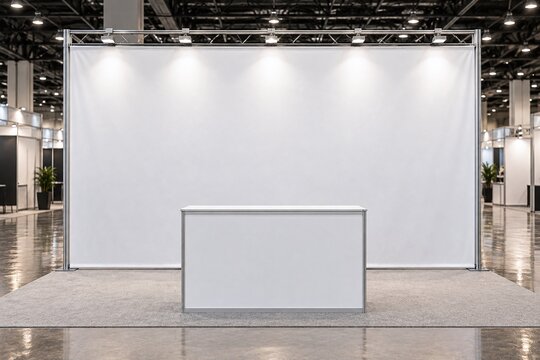 Large Blank Exhibition Backwall Banner and Reception Counter Mockup in Trade Show Convention Center