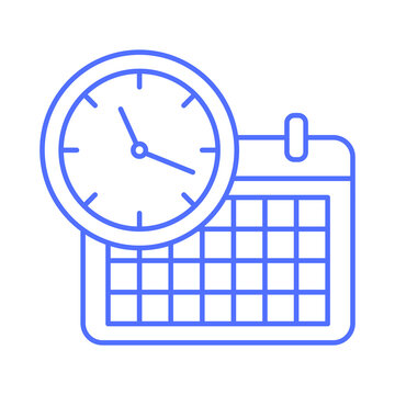 Blue outline icon of a calendar combined with a circular clock face for time management and scheduling concepts transparent background