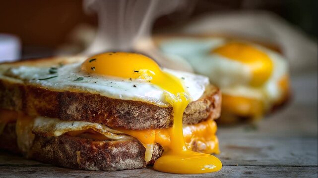 Grilled cheese sandwich topped with a sunny side up egg on rustic toasted bread, melted cheddar, crispy golden crust, savory comfort food breakfast, with copy space