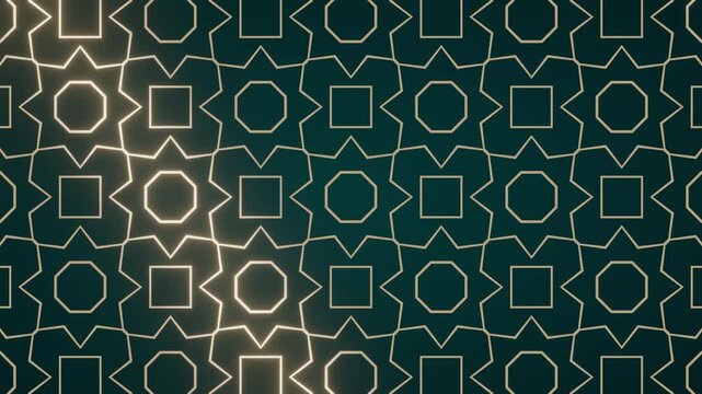Glowing golden geometric Islamic pattern on dark green background, arabic ornament