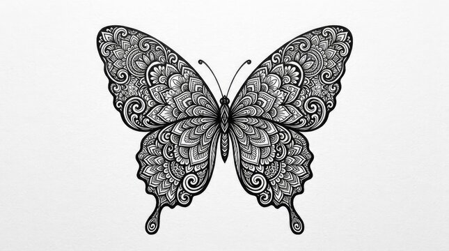 Intricate butterfly drawing with detailed paisley and mandala patterns.