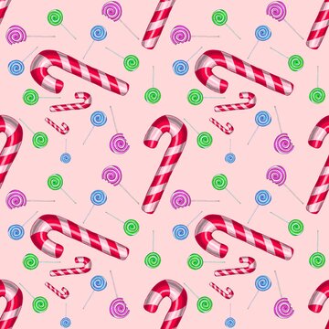 Seamless Christmas pattern with candy canes and colorful swirl lollipops on light pink background for festive wrapping paper and holiday textile design