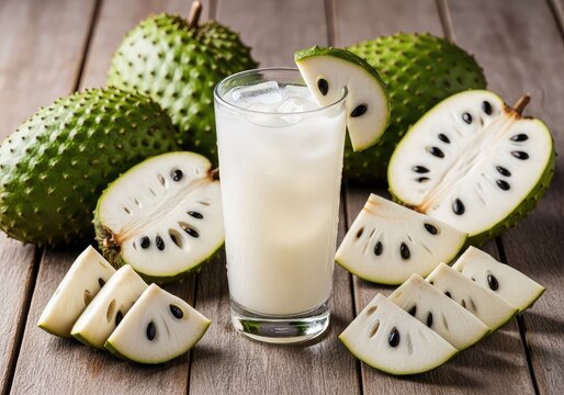 Fresh chilled soursop juice in a tall glass surrounded by whole exotic fruits and white pulp slices on a rustic wooden background surface, smoothie, sweet, drink