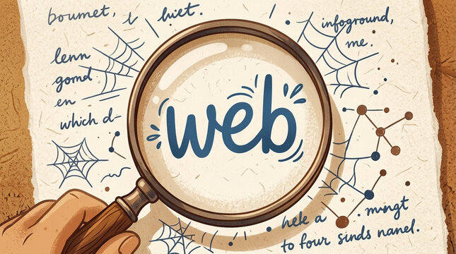Magnifying glass over web text surrounded by spiderwebs and scientific network diagrams on aged paper symbolizing internet search and connectivity