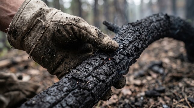 Hand in glove touching burnt wood after a forest fire
