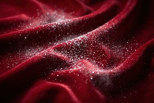 Enchanting crimson velvet textile, sumptuously draped with sparkling allure