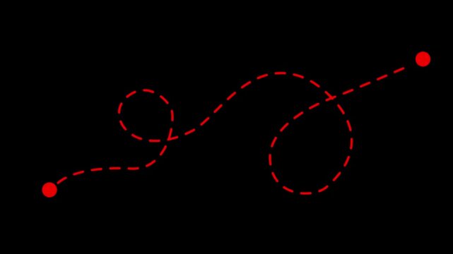 Black dashed loopy travel path animation, motion graphics of organic map route info