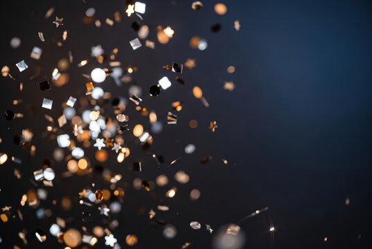 Golden Confetti and Glitter Particles Floating on Dark Background