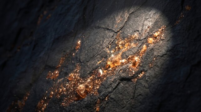 Natural gold vein discovery inside a dark textured stone rock mining cave