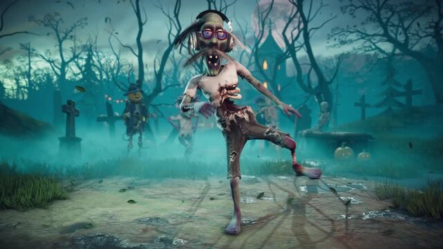 Halloween party. Funny zombies and skeletons dancing in a scary gothic graveyard. 3D animation.