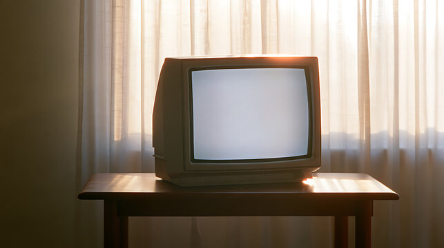 Retro television set with blank glowing screen placed on wooden table in bright sunlit living room with sheer white curtains in background