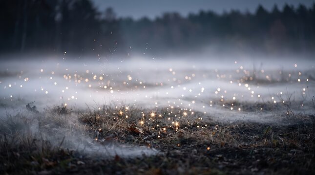 Sparkling Lights Floating over Misty Ground in Magical Night Forest Landscape
