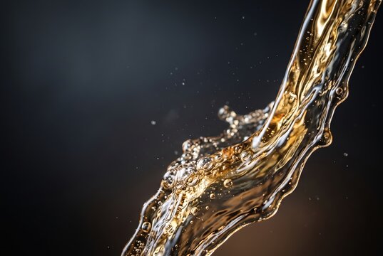 Dynamic stream of golden liquid pouring with splash and droplets, a refreshing beverage moment