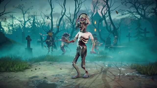 Halloween party. Funny zombies and skeletons dancing in a scary gothic graveyard. 3D animation.