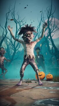 Halloween party. Funny zombies and skeletons dancing in a scary gothic graveyard. 3D animation.