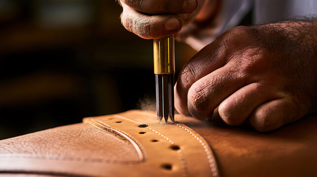 Close-up of artisan hand punch hole in brown leather belt in workshop with tool, showcasing traditional craftsmanship and manual process work