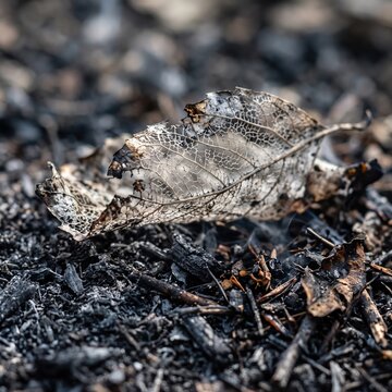 Skeletonized Fallen Leaf Resting on Cold Dark Charred Ground After Forest Fire
