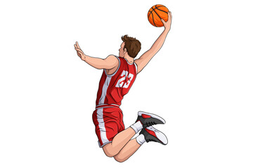 A basketball player in a red and white uniform leaping high in the air holding the ball with one hand ready to slam dunk © asgraphics13