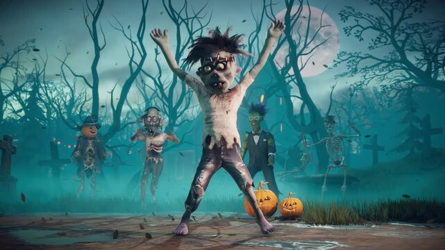 Halloween party. Funny zombies and skeletons dancing in a scary gothic graveyard. 3D animation.