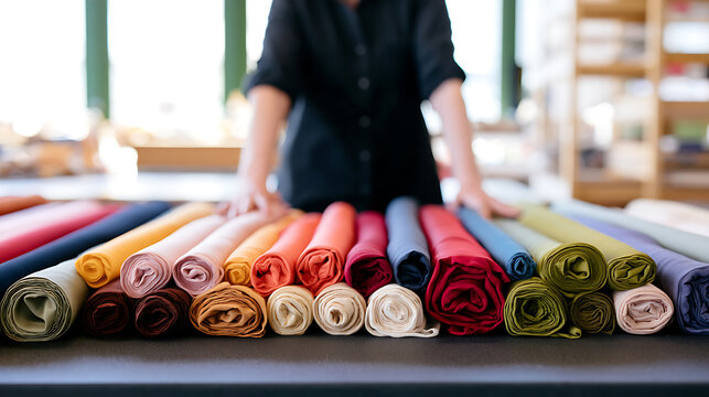 A tailor showcase colorful fabric roll in a bright textile store with professional artisan touch and creative workshop atmosphere for design project