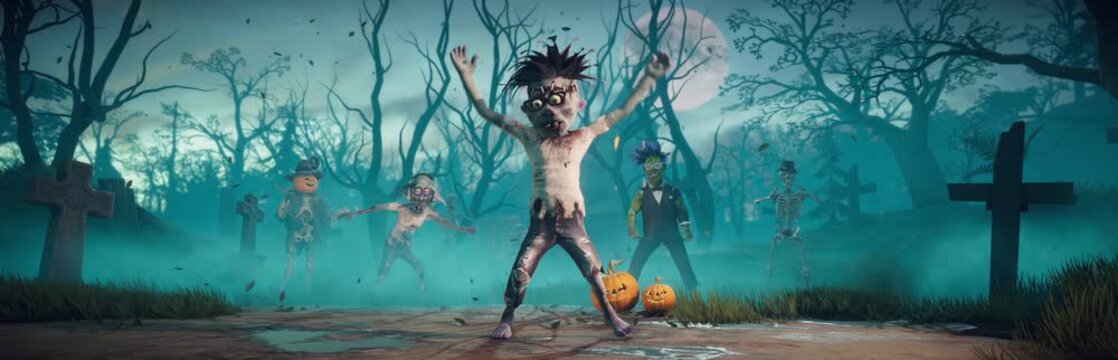 Halloween party. Funny zombies and skeletons dancing in a scary gothic graveyard. 3D animation.